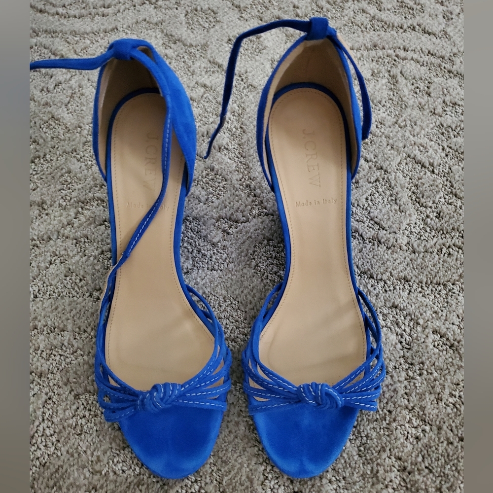J Crew Blue Suede Open Toe Wedge Heels Size 9.5